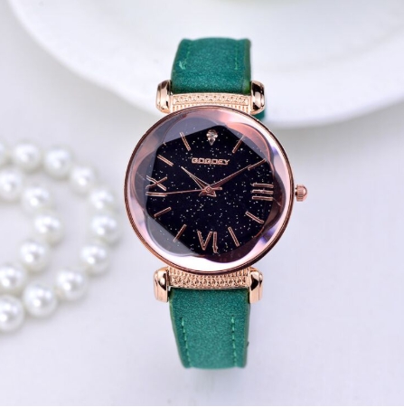 Relógio Feminino Luxo Couro Colorido Céu Estrelado Camurça Verde - Gogoey
