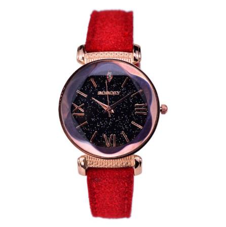 Relógio Feminino Luxo Couro Colorido Céu Estrelado Pulso Camurça - Vermelho - Gogoey