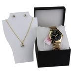 Relógio Feminino Analógico Dourado Quartz Aço Inox + Colar + Brinco