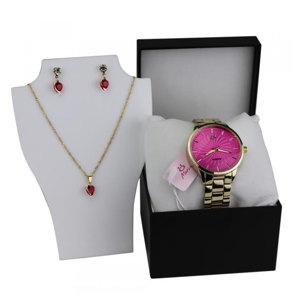 Relógio Feminino Maria Aço Orizom Original Dourado/Rosa Acompanha Colar E Brinco