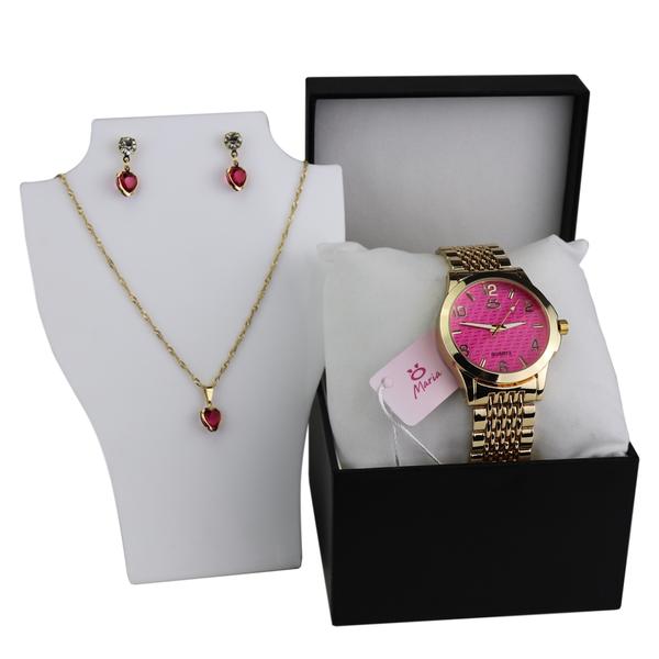 Relógio Feminino Maria Aço Orizom Original Dourado/Rosa 2 Acompanha Colar e Brinco