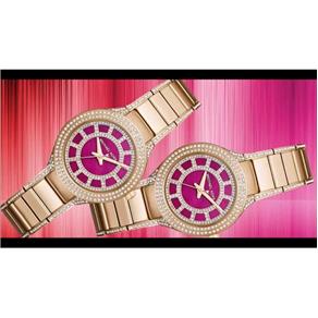 Relógio Feminino Michael Kors Mini Kerry Gold-Tone Stainless Steel Magenta Dial - Modelo Mkors-Mk3442