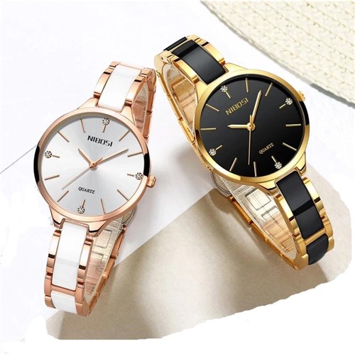 Relógio Feminino Nibosi a Prova D'Água Pulseira Aço Inoxidável - Preto Gold | Rose Gold Branco / Rose Gold Branco