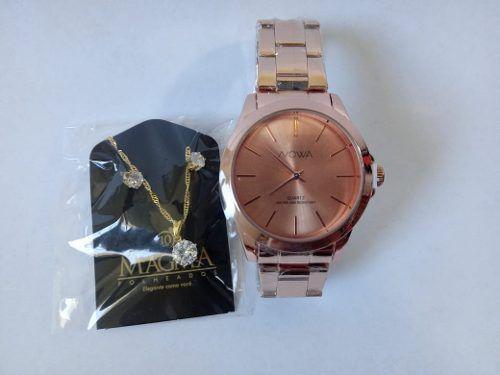 Relogio Feminino Nowa Rose Gold Nw4014k Colar e Brinco Luxo