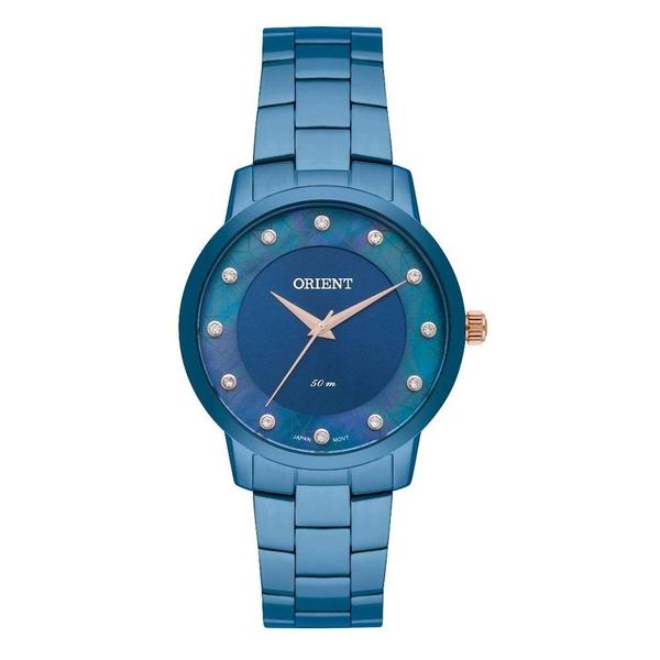 Relogio Feminino Orient Azul Fundo Madrérola com Pedras