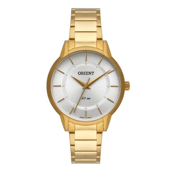 Relógio Feminino Orient Dourado Slim Fundo Prata e Pedras