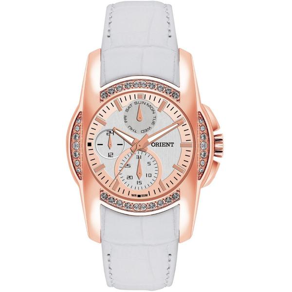 Relogio Feminino Orient Rose Couro Branco Multifunção Frs1