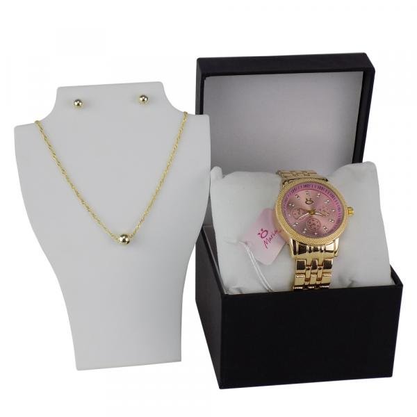 Relógio Feminino Original Orizom Dourado + Colar Brinco Nfe