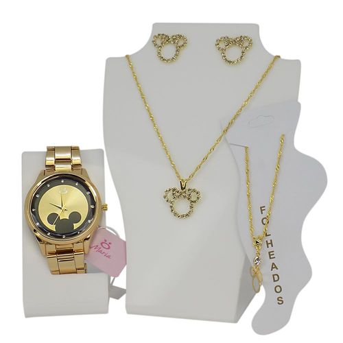 Relógio Feminino Orizom Minnie Dourado + Colar, Brinco e Tornozeleira