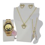 Relógio Feminino Orizom Minnie Dourado + Colar, Brinco e Tornozeleira