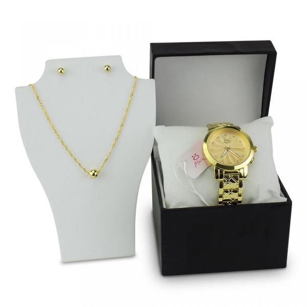 Relógio Feminino Orizom Original Dourado Caixa Colar Brinco - Carlos Clocks