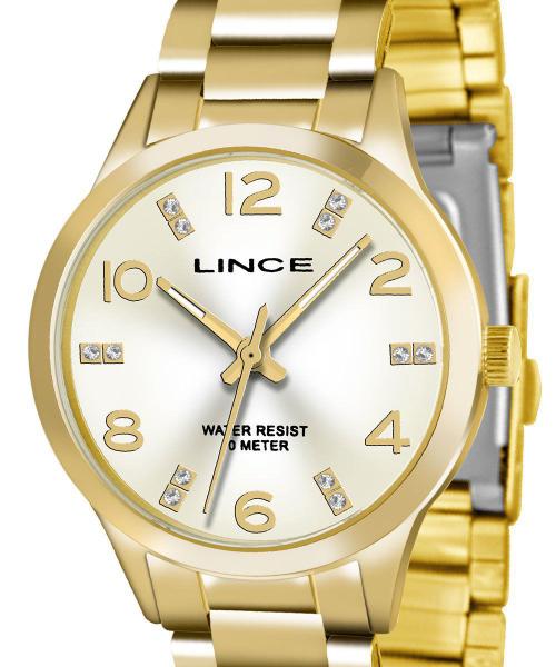 Relogio Feminino Pequeno Lince Dourado a Prova Dagua Strass Luxo LRGH025L C2KX