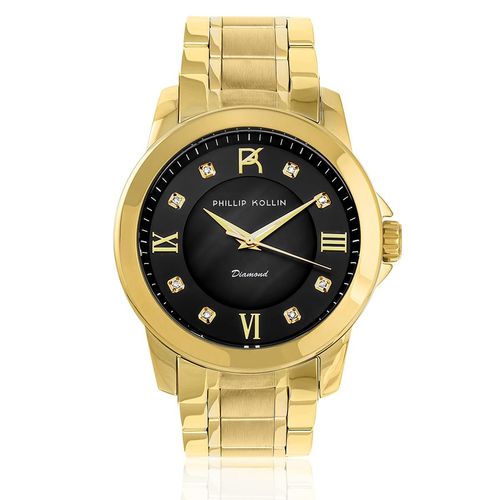 Relógio Feminino Phillip Kollin Diamond Gold Black ZY28127U com 8 Diamantes