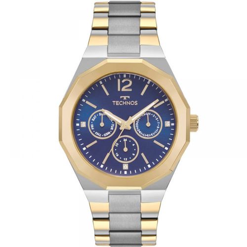 Relogio Feminino Prata com Dourado Fundo Azul Technos 6p29aj