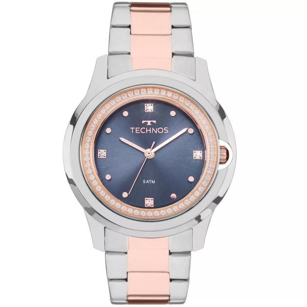 Relógio Feminino Prata e Rose Technos Fundo Azul com Pedras