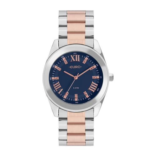 Relogio Feminino Prata Euro Fundo Azul Pulseira Mista