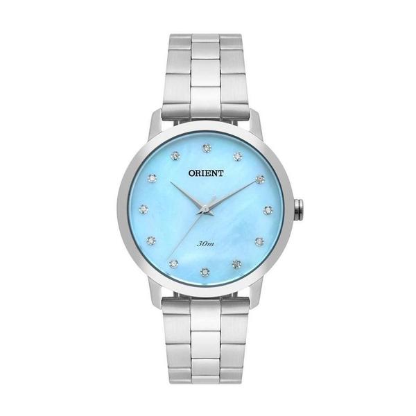 Relogio Feminino Prata Fundo Azul Madrepérola Orient