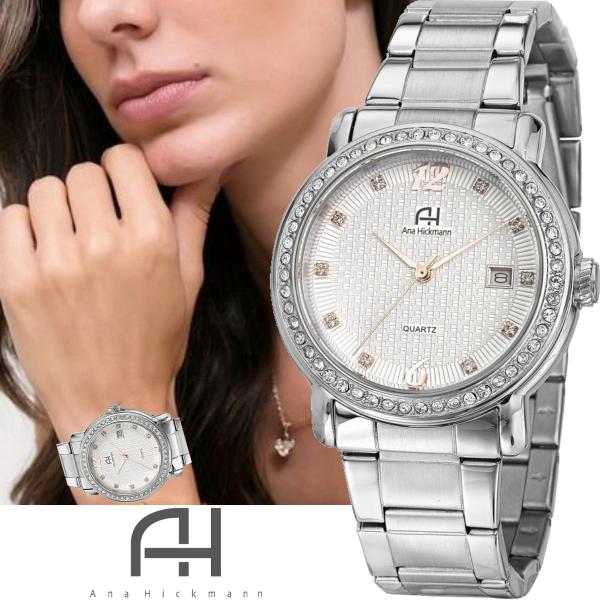 Relógio Feminino Prateado Ana Hickmann com Strass Todo em Aço Prova DÁgua Original AH28615Q