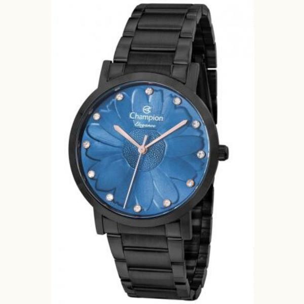 Relógio Feminino Preto Champion Fundo Azul Flor e Pedras