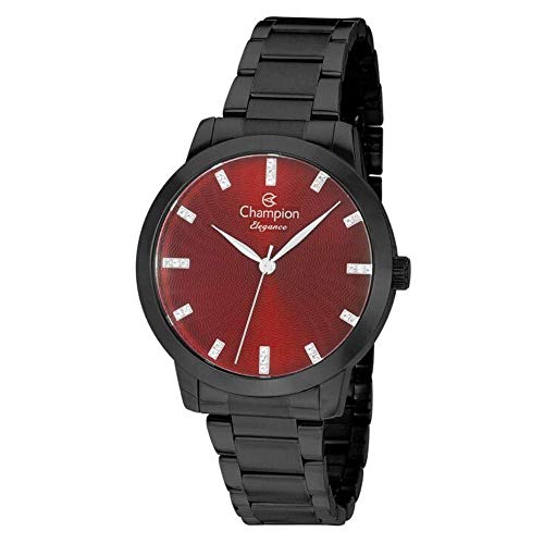 Relógio Feminino Preto Champion Fundo Vermelho com Pedras+NF