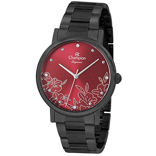 Relógio Feminino Preto Champion Fundo Vermelho Flor E Pedras