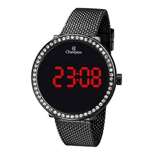 Relógio Feminino Preto Champion Pedras Digital Led Vermelho