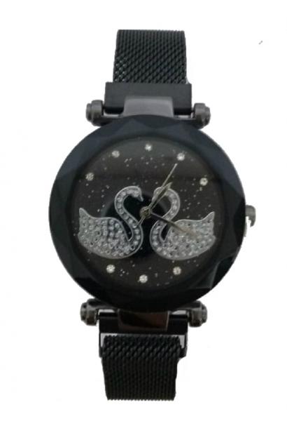 Relógio Feminino Preto Pulseira Imã Cisne - Rx