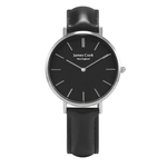 Relógio Feminino Pulseira Couro Italiano Preto - James Cook - Modelo Black Hartford Prata