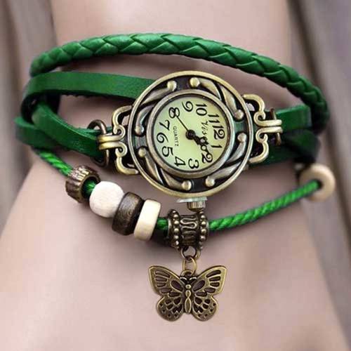 Relógio Feminino Pulseira Couro Pingente Borboleta - Verde