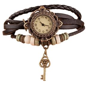 Relógio Feminino Pulseira Couro Pingente Chave - Preto