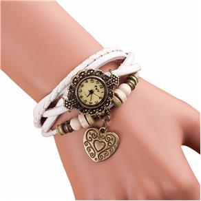 Relógio Feminino Pulseira Couro Pingente Coração - Branco