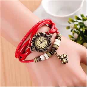 Relógio Feminino Pulseira Couro Pingente Gato - Vermelho