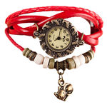 Relógio Feminino Pulseira Couro Pingente Gato - Vermelho