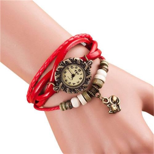 Relógio Feminino Pulseira Couro Pingente Gato Vermelho