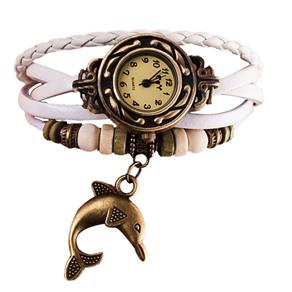 Relógio Feminino Pulseira Couro Pingente Golfinho - Branco