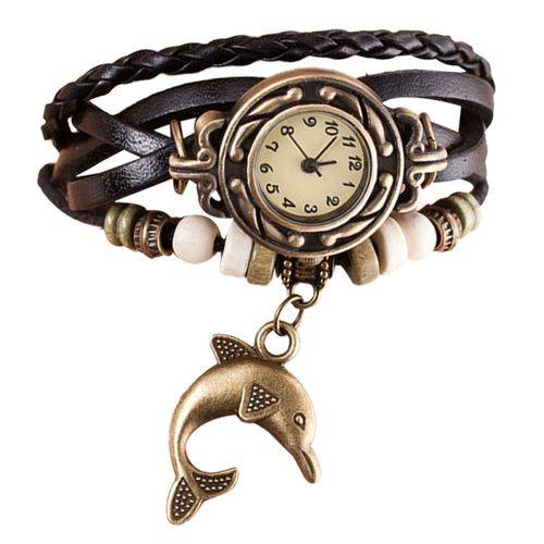 Relógio Feminino Pulseira Couro Pingente Golfinho - Preto