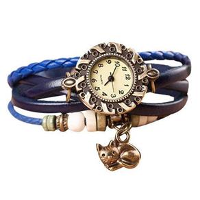 Relógio Feminino Pulseira de Couro Pingente Gato Azul