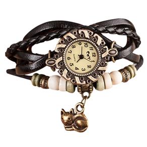 Relógio Feminino Pulseira de Couro Pingente Gato - Preto