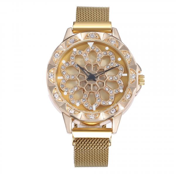 Relógio Feminino Pulseira Ímã Dourado Fundo Giratório - Geneva