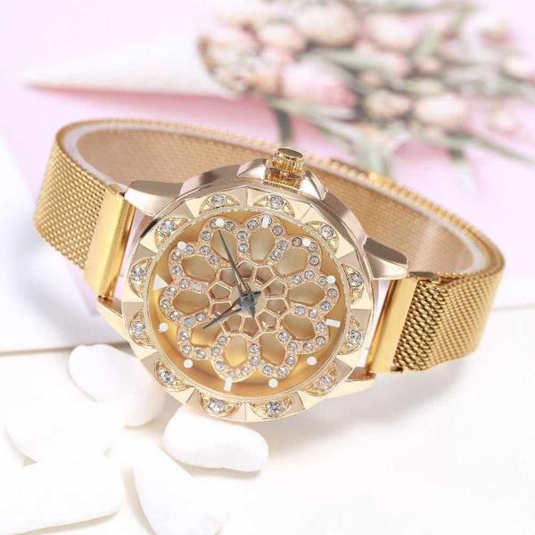 Relógio Feminino Pulseira Ímã Dourado Fundo Giratório - Geneva