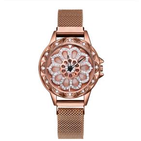 Relógio Feminino Pulseira Ímã Rosê Fundo Giratório