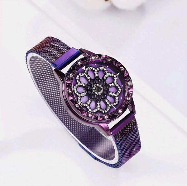 Relógio Feminino Pulseira Ímã Violeta Fundo Giratório - Geneva