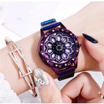 Relógio Feminino Pulseira Ímã Violeta Fundo Giratório