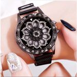 Relógio Feminino Pulseira Magnética Preto Strass Fundo Giratório