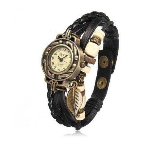 Relógio Feminino Pulso Pulseira Couro Pingente Folha - Preto