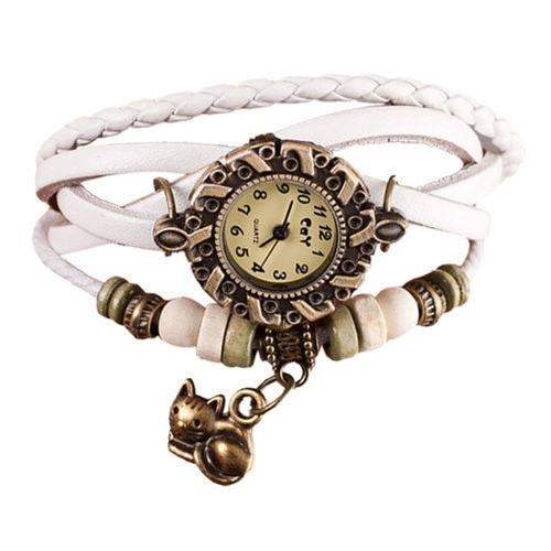 Relógio Feminino Pulso Pulseira Couro Pingente Gato Branco