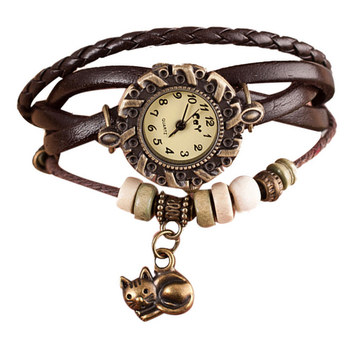 Relógio Feminino Pulso Pulseira Couro Pingente Gato - Marrom