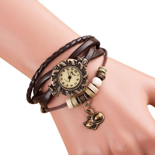 Relógio Feminino Pulso Pulseira Couro Pingente Gato Marrom