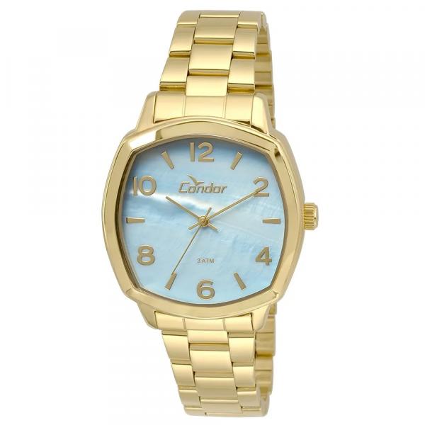 Relógio Feminino Quadrado Dourado Condor Fundo Azul Co2035k