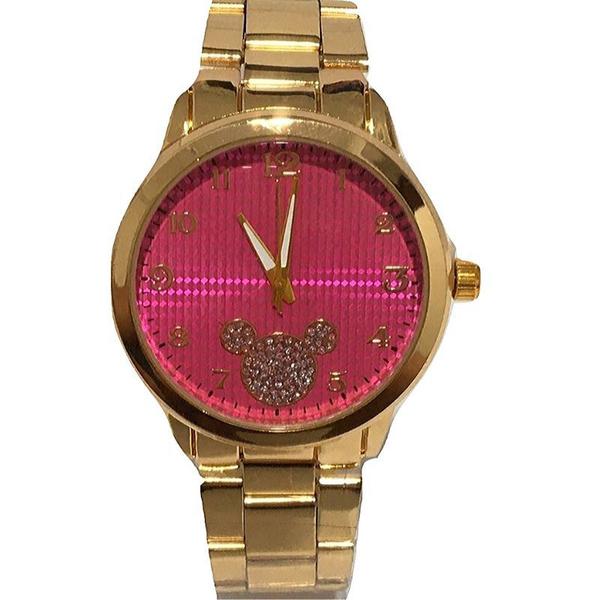 Relógio Feminino Redondo Minnie Mickey Disney Dourado Rosa - Sobrinhos Moda